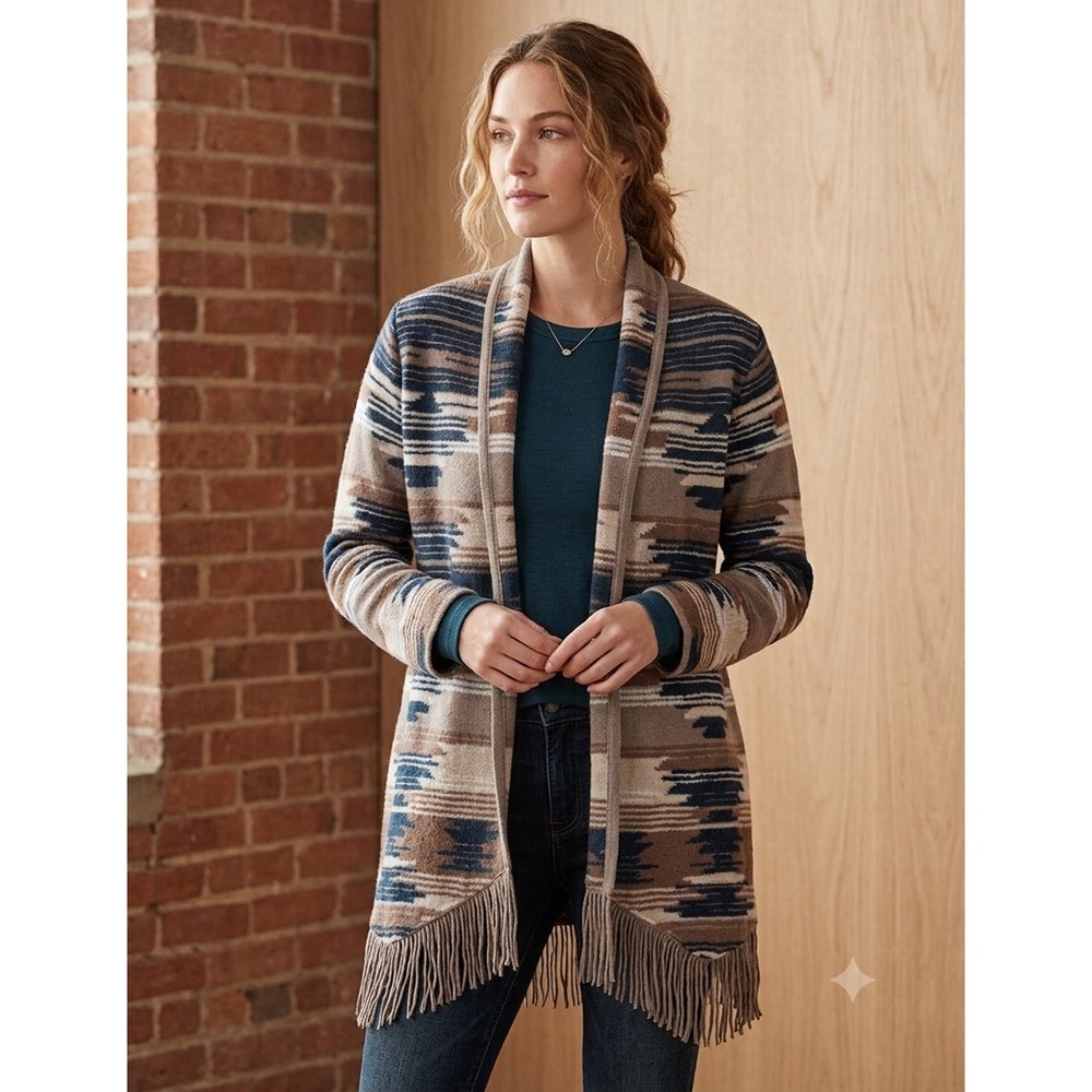 Lucky Brand Fringe Cardigan Women 1X Brown Blue Excellent